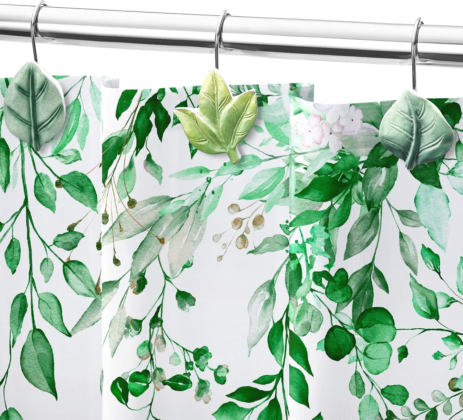 12PCS Leaves Shower Curtain Hooks, Green Plant Decorative Leaf Shower Curtain Hooks Metal Rustproof Cute Eucalyptus Shower Curtain Rings Bathroom Decoration Accessories
