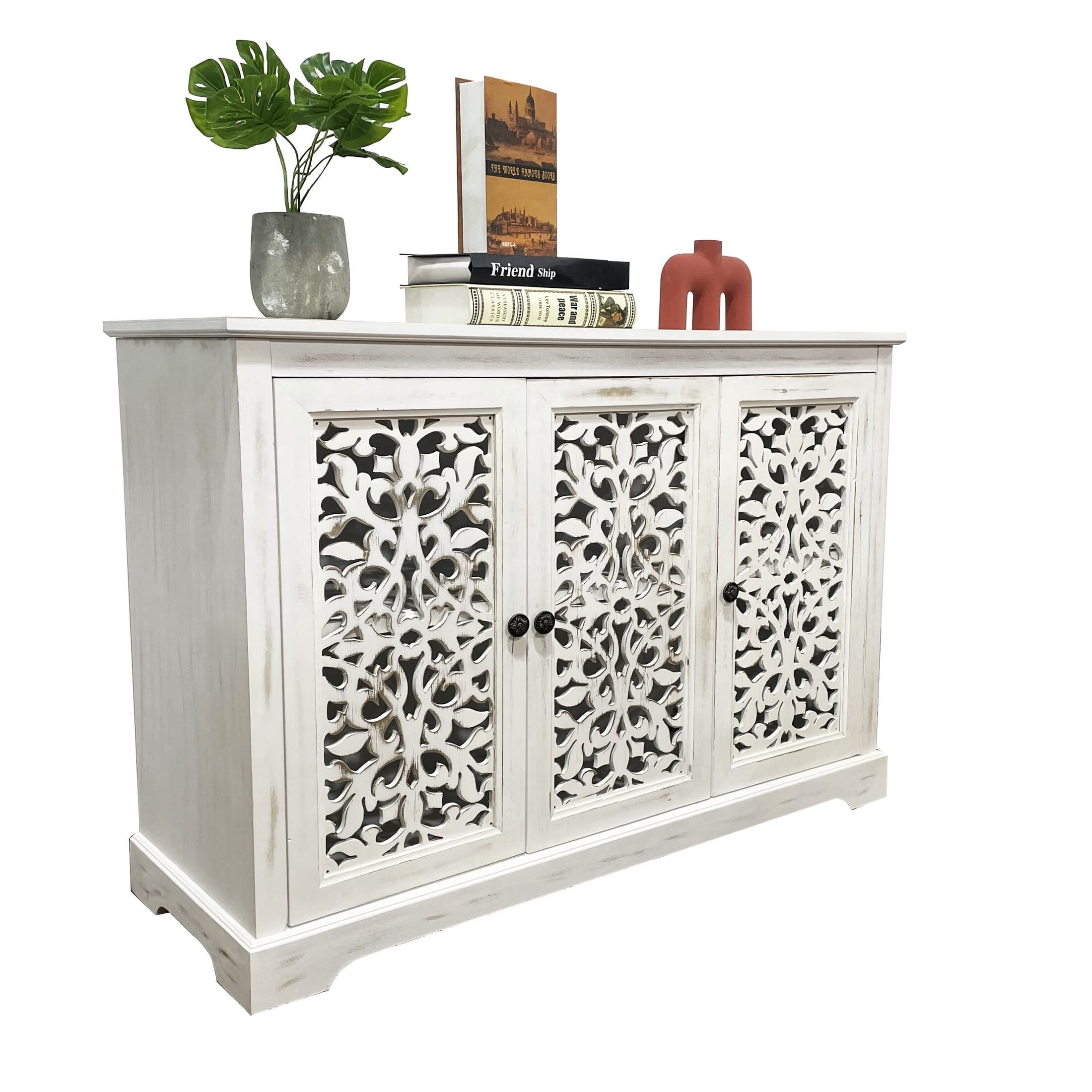 Noble House 43.3" Vintage Sideboard Buffet Cabinet with 3 Carved Doors, Antique White