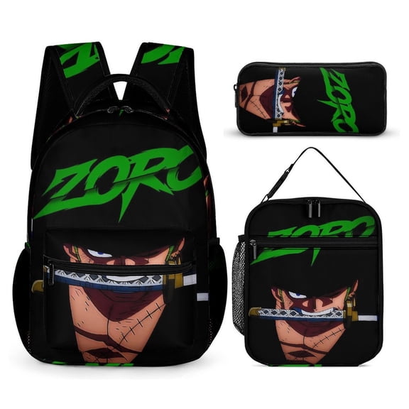 3-PieceOne Zoro Piece Large Capacity Anime Backpack with Lunch Bag & Pen Case | Casual Schoolbag for Travel, Outdoor, Fashion Daypack
