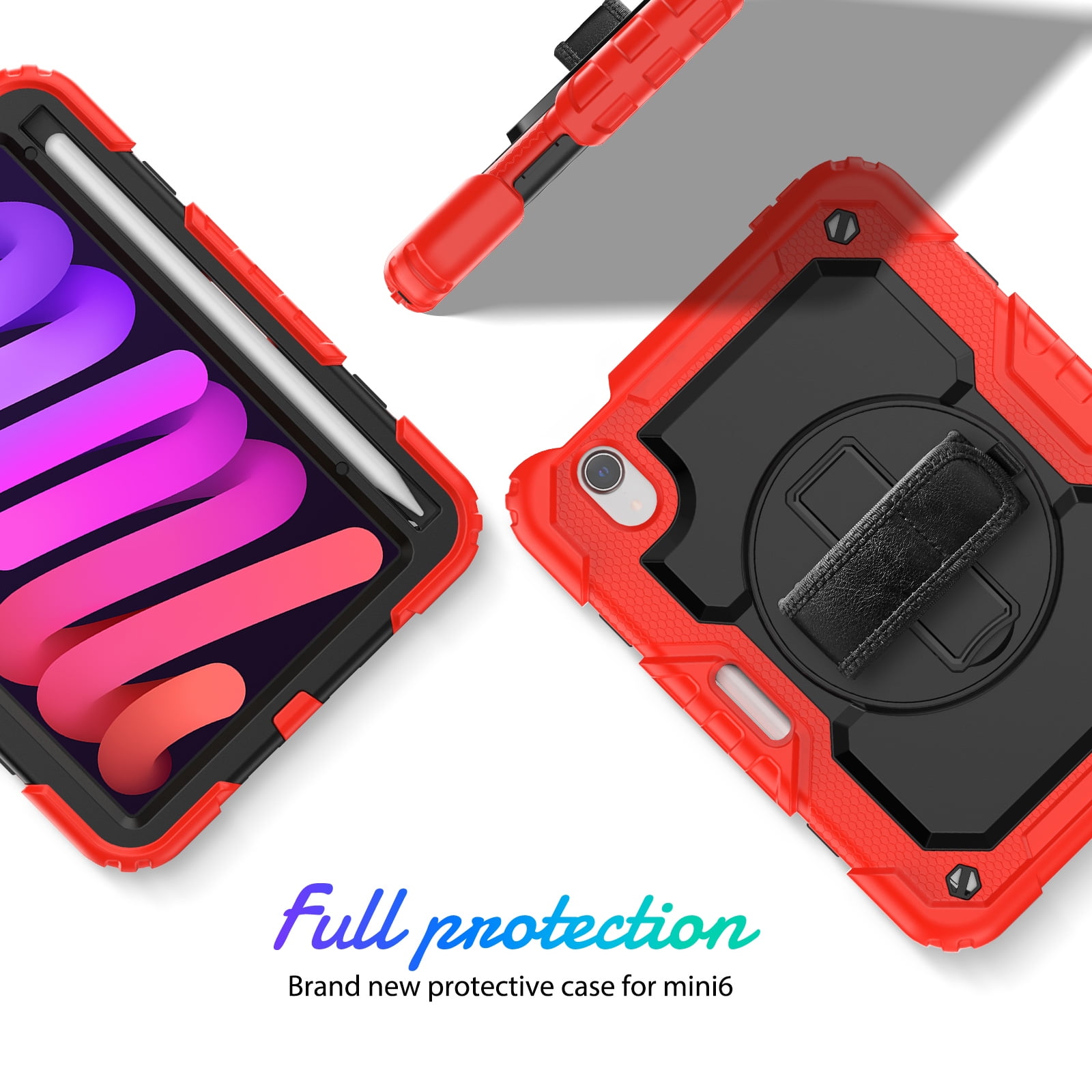 Shockproof Case for Apple iPad mini 6 /7 8.3" with Build In Screen Protector, Rugged Rotating Stand Shoulder Strap Pencil Holder Kids Friendly Bumper Case for Apple iPad mini 6/ Mini 7, Red