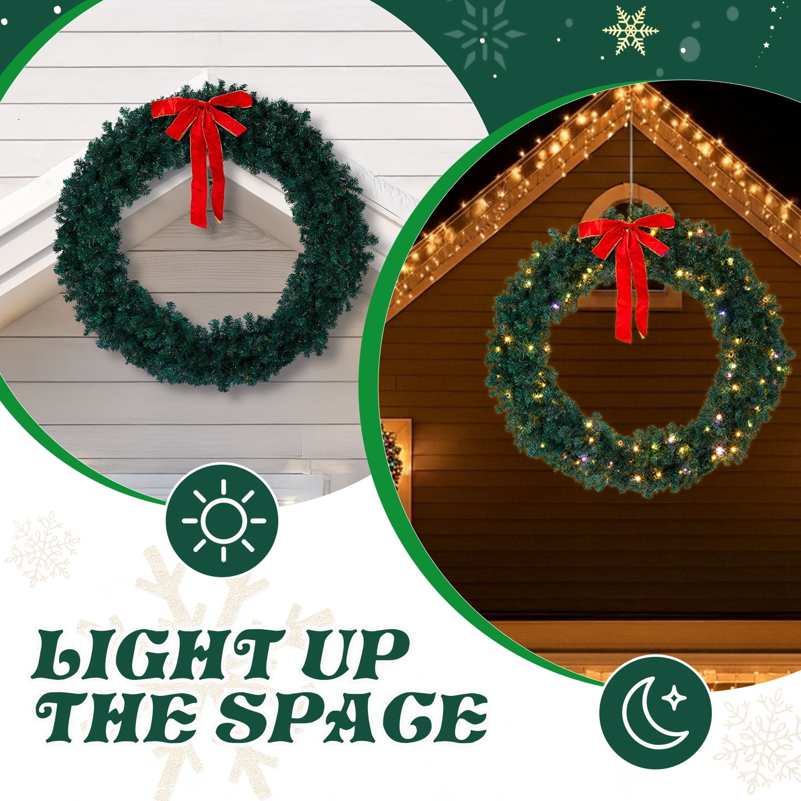 60in Pre-lit Christmas Wreath, Lighted Artificial Xmas Wreath with 220 Warm & Multi-color Lights and 600 PVC Tips, Remote Control Stepless Dimming, for Front Door Gate Wall Xmas Party Decorations