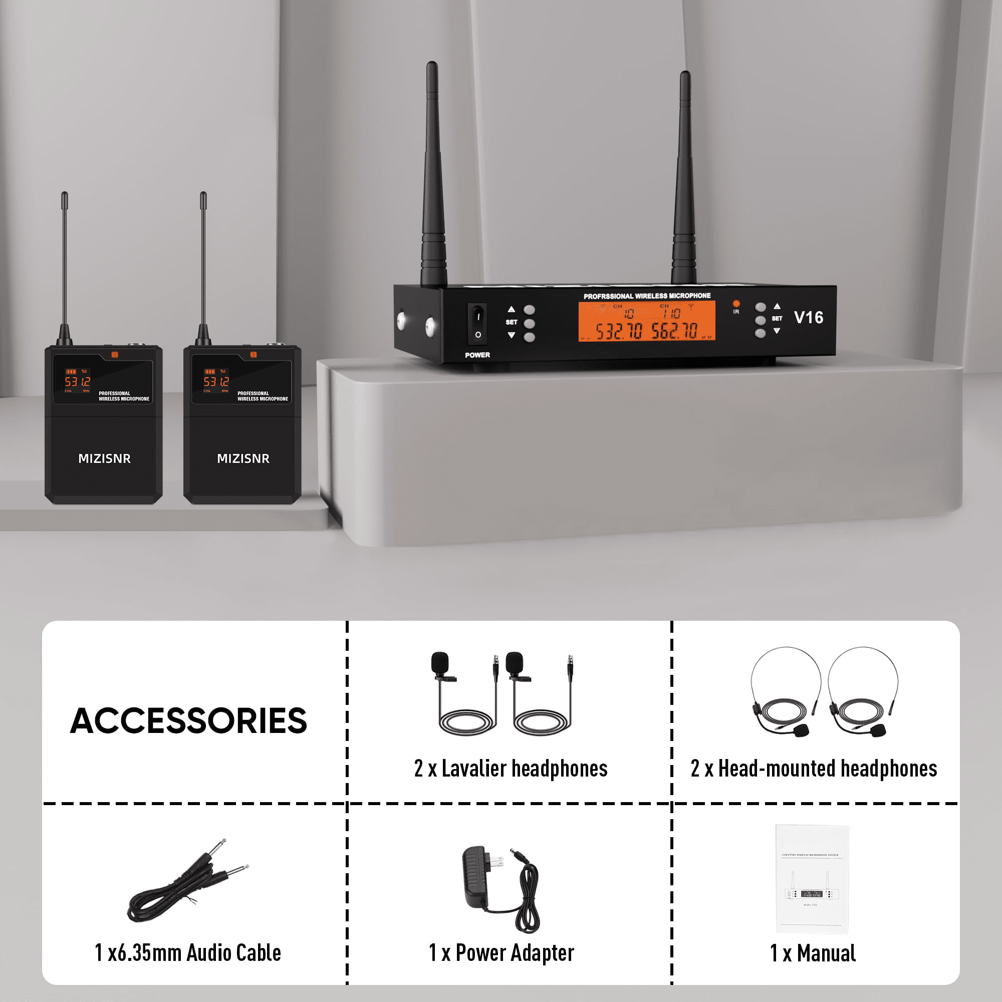 2 Channel Wireless Lapel Microphone, Set of 2 Headset & Lavalier Mics with 200 Adjustable Frequency UHF Metal Receiver, 300ft Range Microphone System for Church, Karaoke, Preaching, Wedding