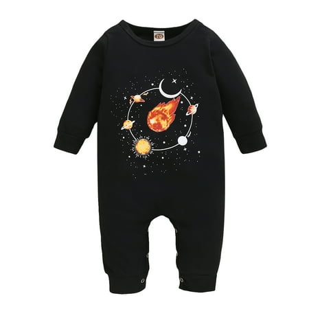 

KIMI BEAR Newborn Baby Boys Rompers 6 Months Newborn Boy Autumn Bodysuits 9 Months Newborn Boy Cozy Cartoon Planet Print Long Sleeve Jumpsuits Black