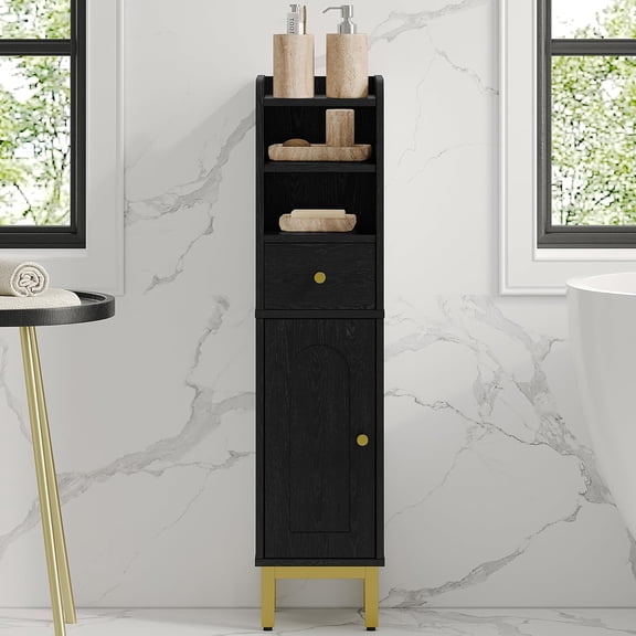Bathroom Storage Cabinet, Corner Floor Cabinet with Drawers and Doors, Narrow Toilet Paper Holder, Bathroom Organizer with Adjustable Shelf, for Small Spaces, Black, BC19804GV1