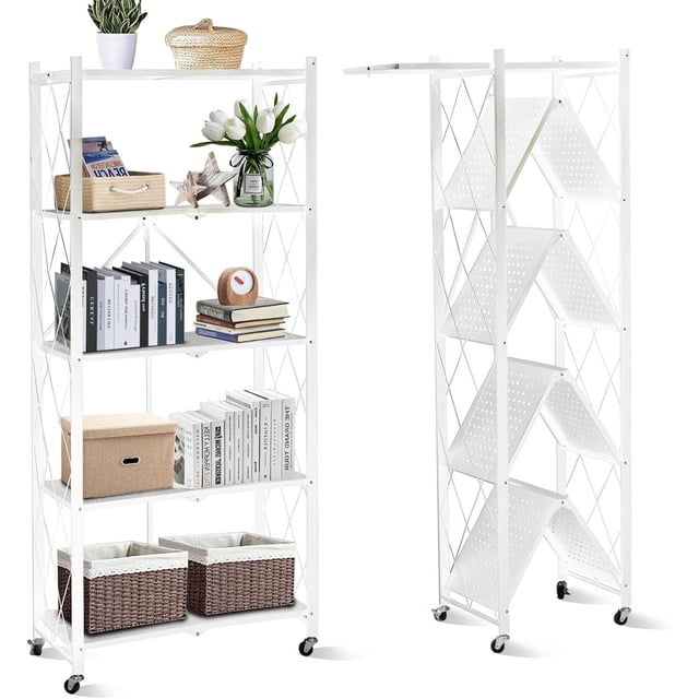 5 Tier Storage Shelf with Wheels - Metal Collapsible Shelving Unit Display, Heavy Duty Folding Shelves, No Assembly Organizer Rack for Garage Kitchen, Basement, Pantry (White, 5 Tier)