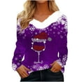 thumbnail image 1 of Birdeem T-Shirt de Noël en Peluche Imprimé pour Femmes Col en V Patchwork Manches Longues Ajusté, 1 of 1