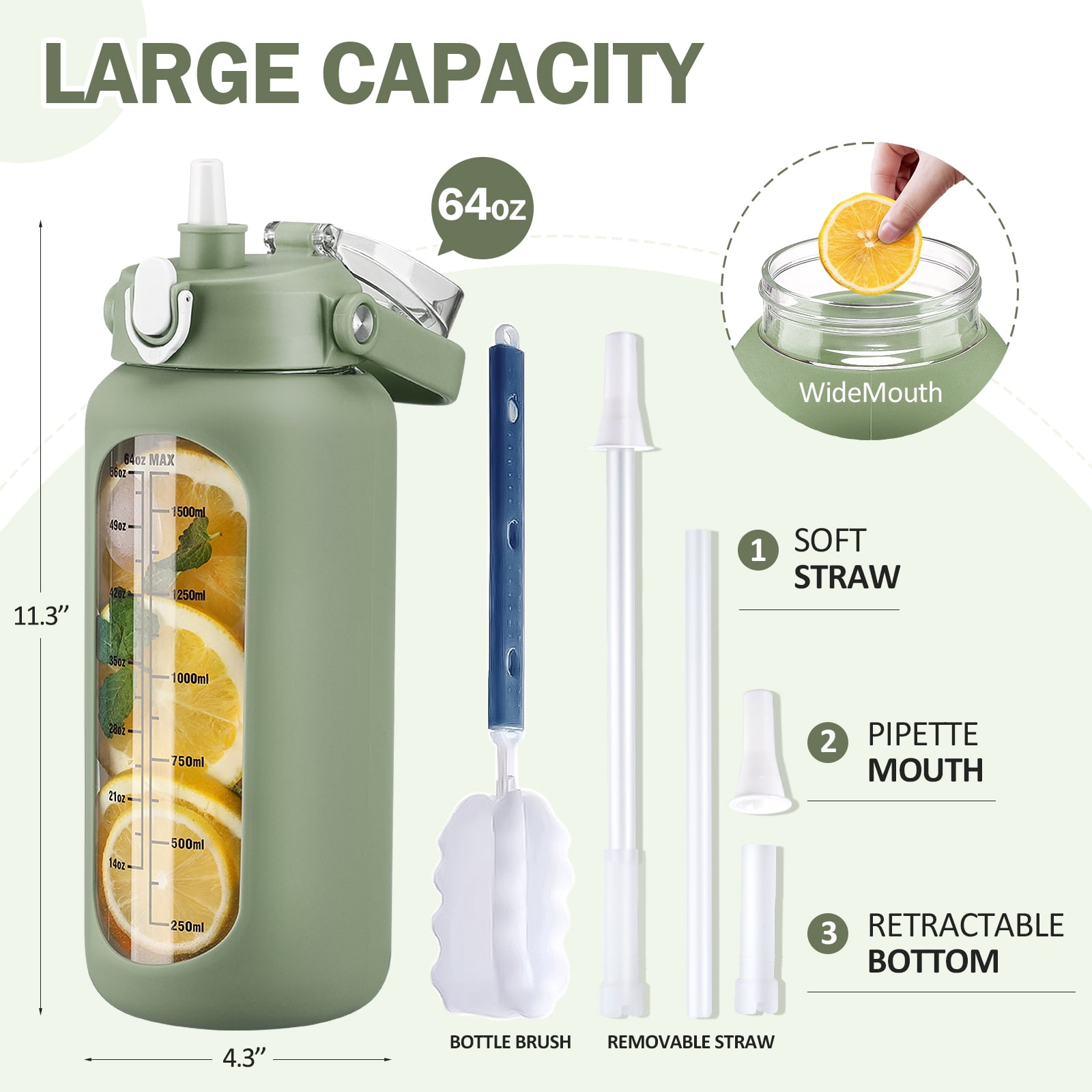 MUKOKO 64oz Glass Water Bottles, Motivational Glass Bottle with Silicone Sleeve, Straw and Time Marker, Leakproof Large Half Gallon Glass Water Jug for Gym Home Office, Olive