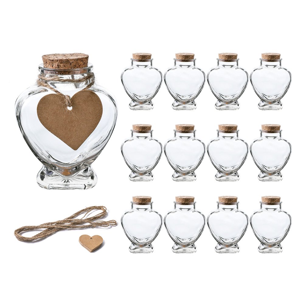 5 OZ Heart Shaped Glass Favor Jars with Cork Lids,Glass Wish Bottles
