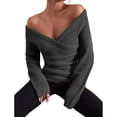 thumbnail image 4 of Baqcunre Sweaters For Women Women's Fall And Winter Solid Color V Neck Comfort Fit Knit Off The Shoulder Casual Pullover Sweater Hoodies For Women Fall Outfits Women Trendy Dark Gray L, 4 of 8