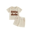 thumbnail image 2 of Toddler Baby Boy Summer Clothes 6M 12M 18M 24M 3Y Waffle Knit  Little Dude Short Sleeve T-Shirt Solid Drawstring Shorts Set, 2 of 9