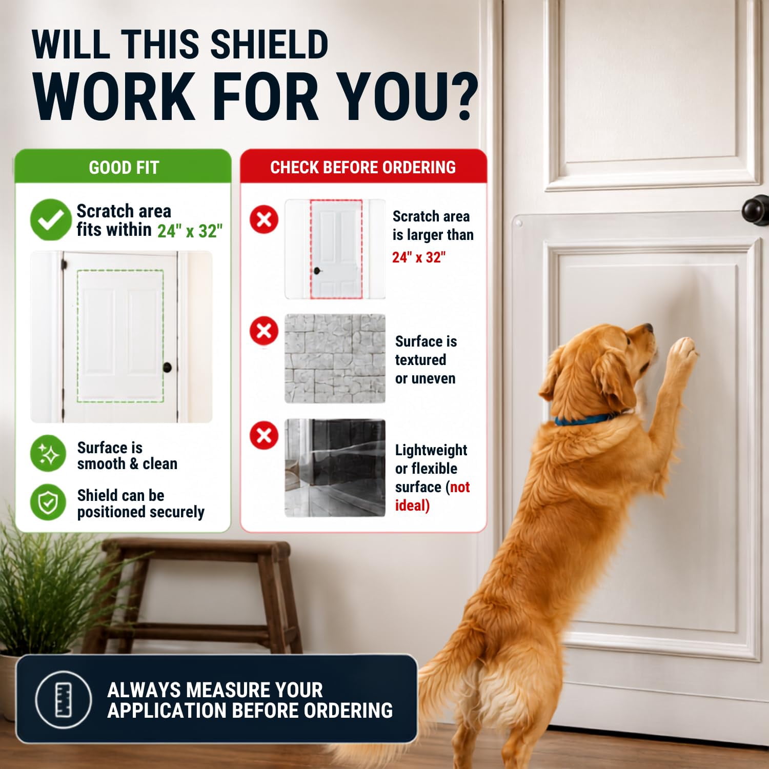 CLAWGUARD Plexiglass Universal Scratch Shield for Dogs & Cats, Clear Door & Wall Scratch Protector, Pet Scratch Guard for Doors, Furniture & Screens, Easy Install with Tabs, 32 x 24 in