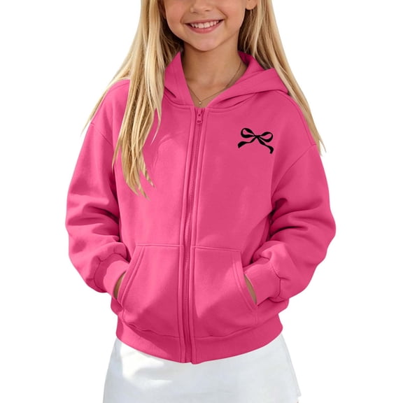 Cethrio Girls Zip up Hoodies Size 6, Lightweight Fleece‑Lined Printed Casual Long Sleeve Girls Jackets Hot Pink