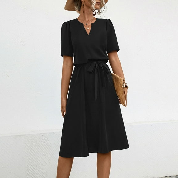 Fartey Women's Formal Dresses 2025 Summer Short Sleeve Tie Waist A-Line Swing Dress Business Casual Solid Color V Neck Midi Dress Elegant Work Dress Black L