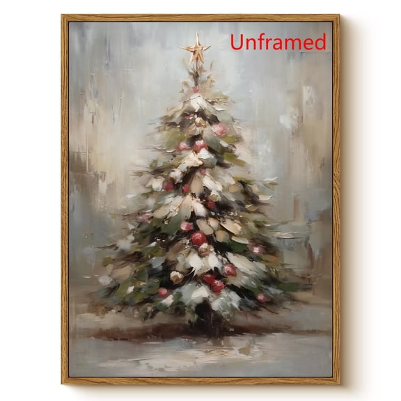 Vintage Snowy Christmas Tree with Ornaments Wall Art, 12x16 Inch Festive Winter Framed Canvas Painting Print, Seasonal Holiday Gift Living Room Bedroom Entryway Office Family Decor