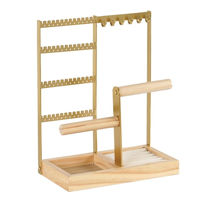 Gold Jewelry Stand Removable Solid Wood Base Biaxial Jewelry Rack Earrings Necklaces Rings Jewelry Stand