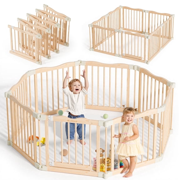 Woodty 8-Panel Foldable Indoor Baby Play Yard, Beige, 23.62" - Portable Playpen for Infants & Toddlers