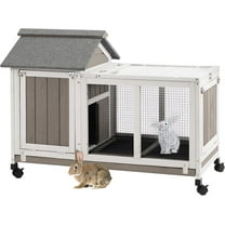 Gowoodhut Rabbit Hutch Indoor and Outdoor with 4 Wheels,Wooden Rabbit Cage  for 1-2 Rabbits,Bunny Hutch with Asphalt Roof Suitable ,Grey