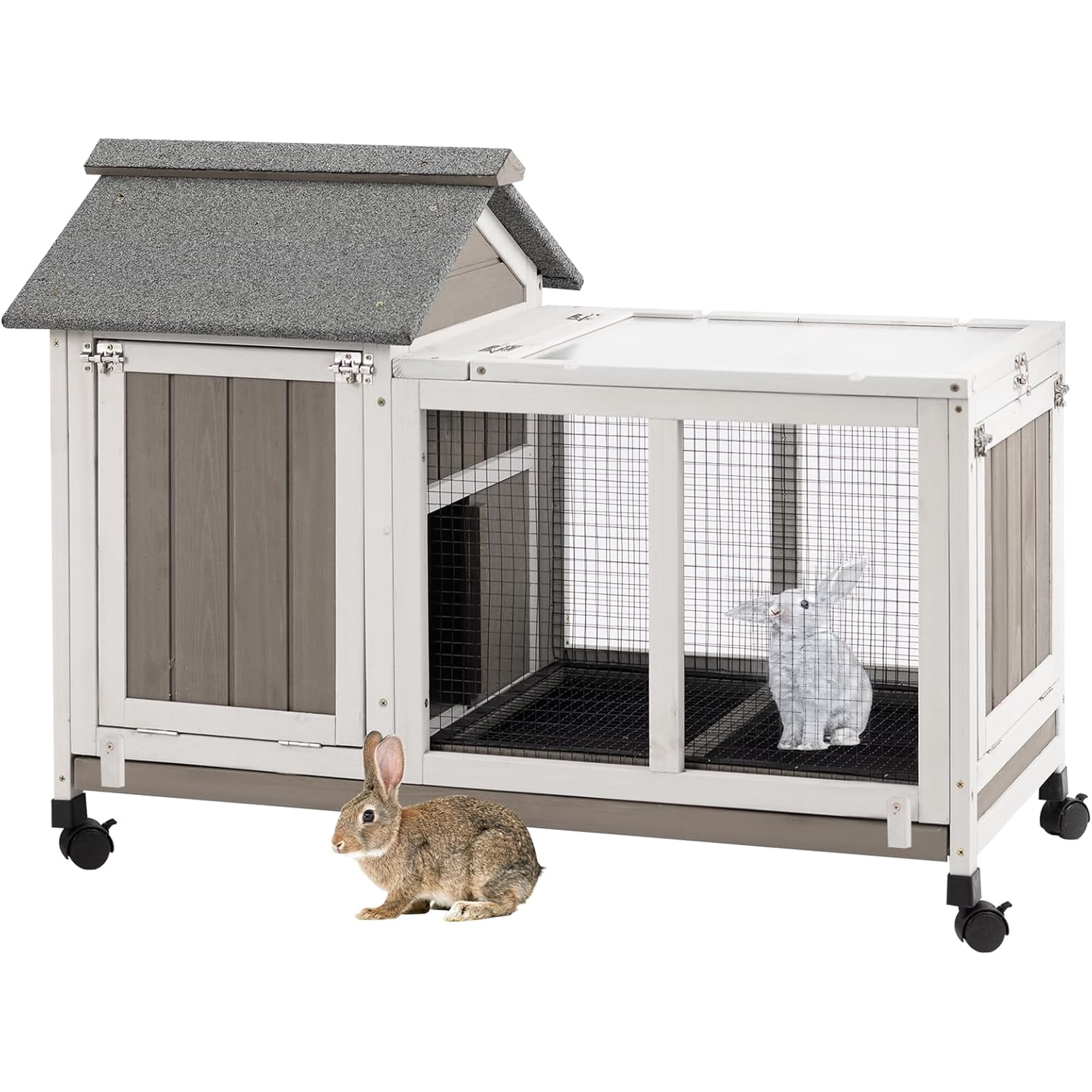 Gowoodhut Rabbit Hutch Indoor and Outdoor with 4 Wheels,Wooden Rabbit Cage for 1-2 Rabbits,Bunny Hutch with Asphalt Roof Suitable ,Grey