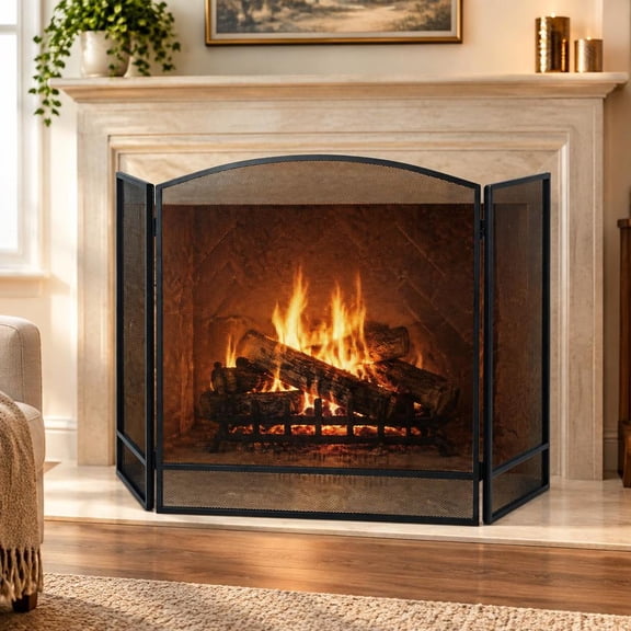 Fireplace Screen, 3-Panel Foldable with Wrought Iron Mesh, Black Spark Guard for Living Room