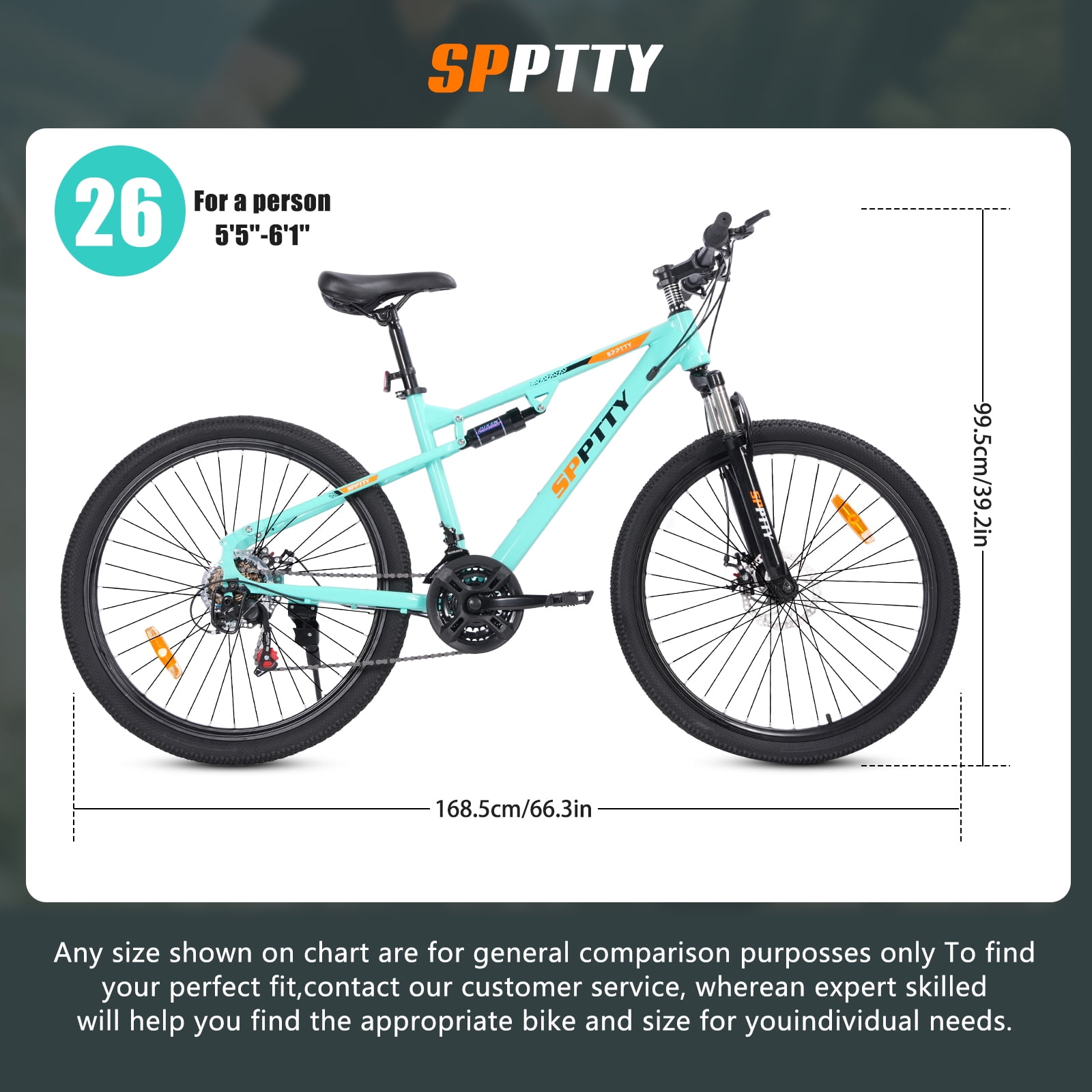 SPPTTY 26" Mountain Bike,Full-Suspension 21 Speed Drivetrain, Disc Brakes,Bicycle for Men Women Green