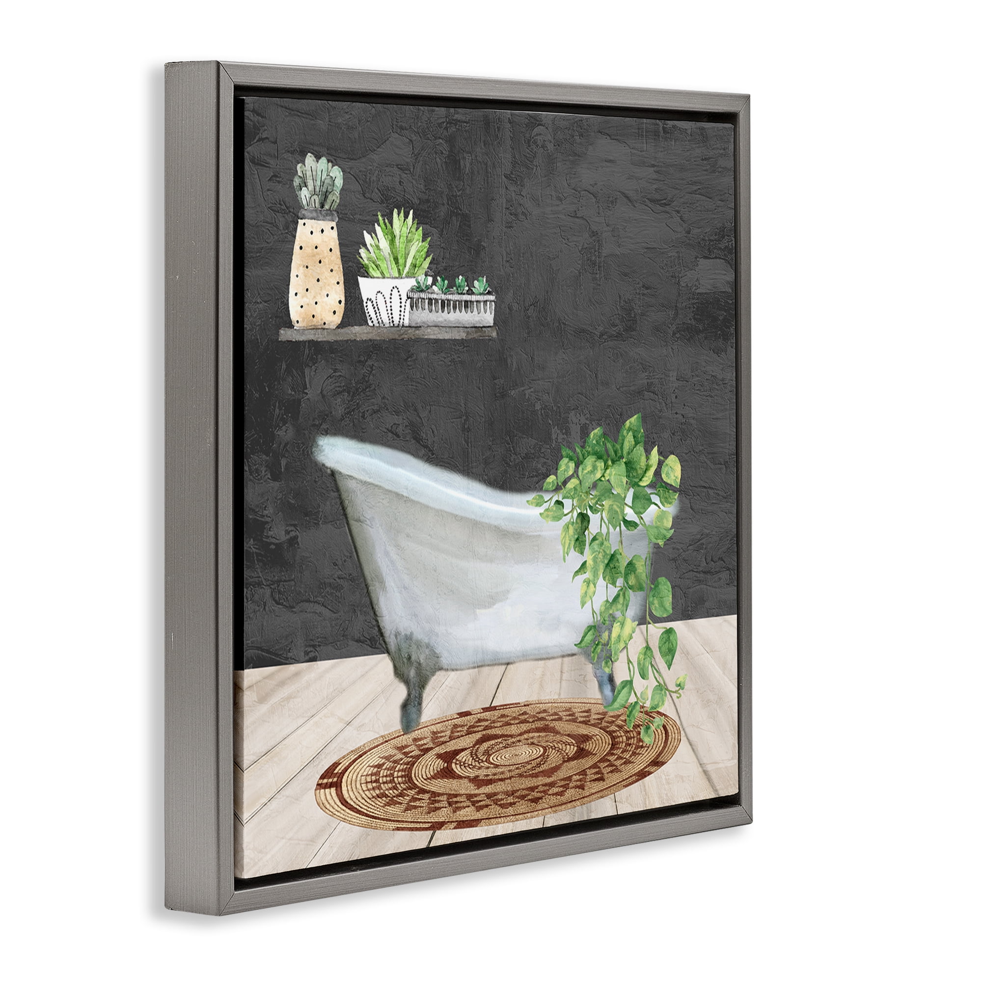 Stupell Industries Botanical Bathtub Scene Bath & Laundry Painting Gray Floater Framed Canvas Art Print Wall Art, 25 x 25