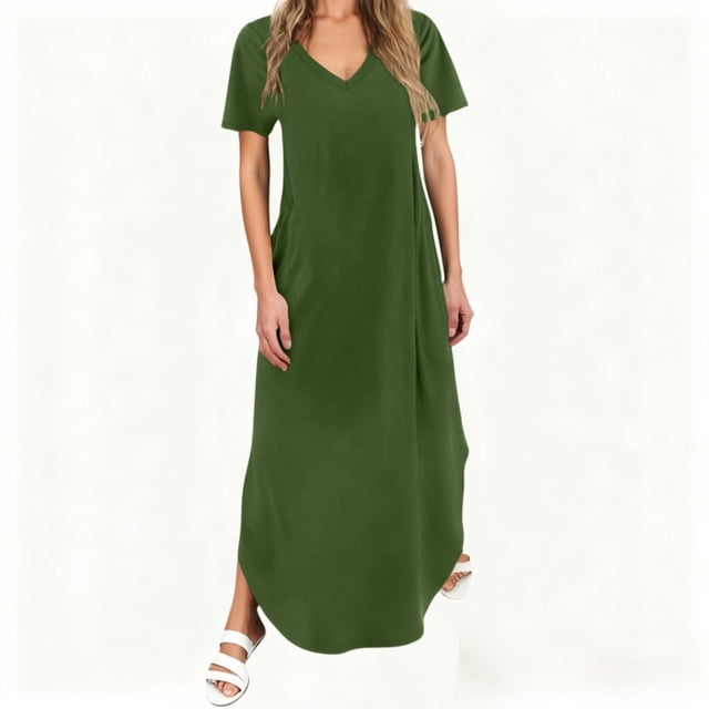 TIMIFIS Robe d'Été à Manches Courtes pour Femme, Couleur Unie, Col en V, Robe Maxi, Vacances, Plage, Robes Soleil avec Poches