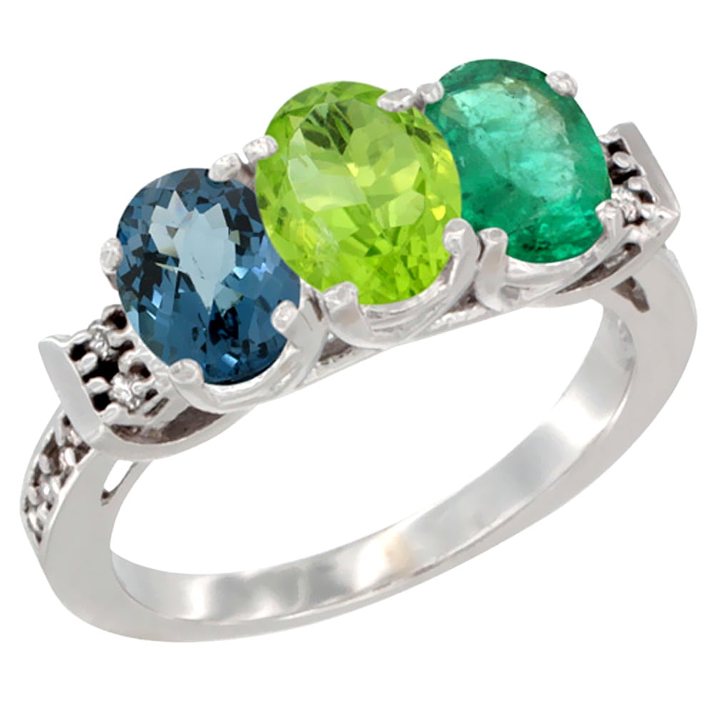10K White Gold Natural London Blue Topaz, Peridot & Emerald Ring 3-Stone Oval 7x5 mm Diamond Accent, sizes 5 10 by WorldJewels