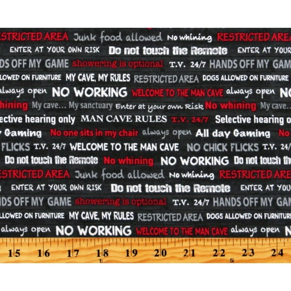 Cotton Man Cave Mancave Dads Guys Words Phrases Charcoal Gray Cotton Fabric Print by the Yard (52414-5)