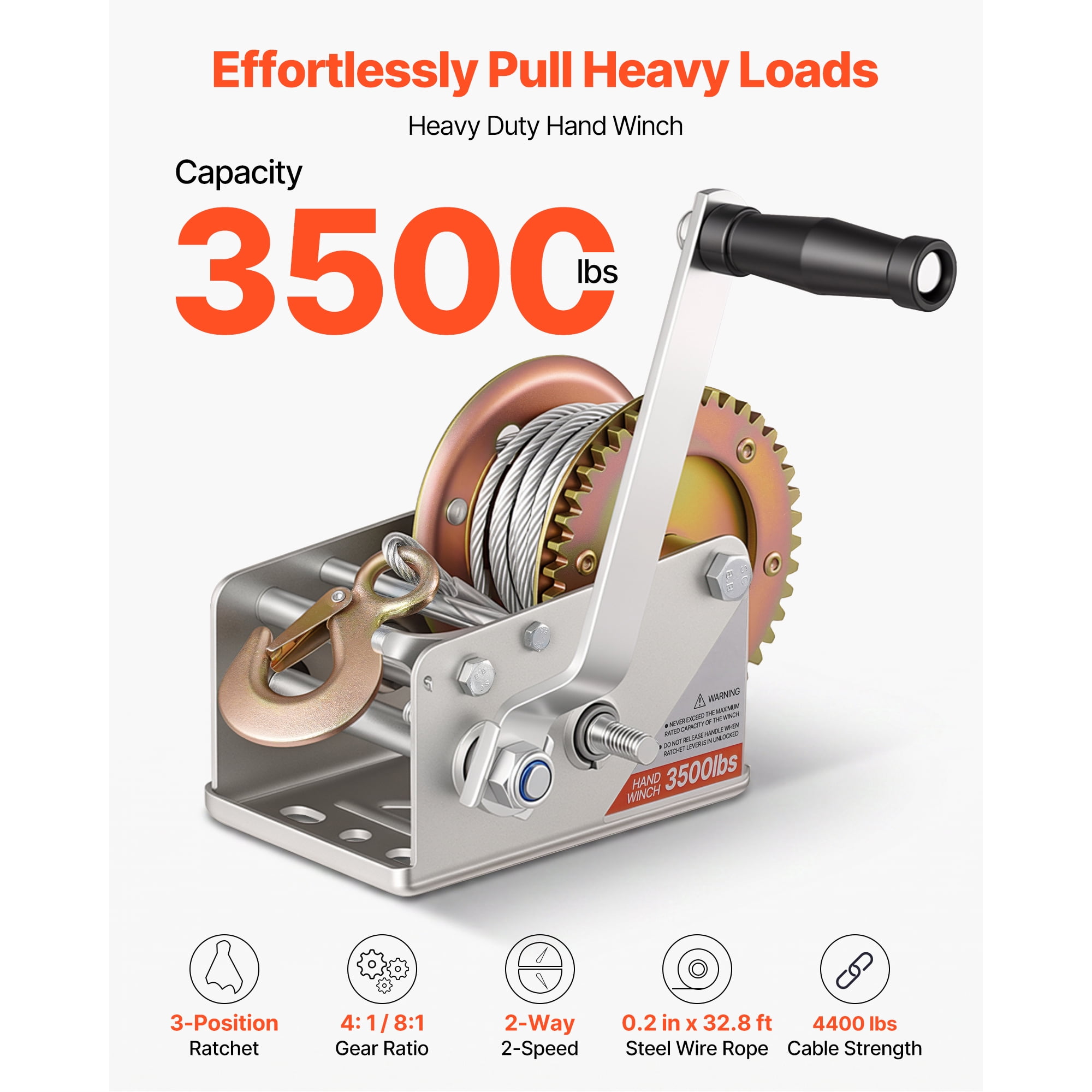 KFFKFF 3500 lbs Manual Boat Winch, Heavy-Duty Hand Crank with 32.8ft Steel Cable, Two-Way Ratchet, Dual-Speed Options, and Non-Slip Handle for Trailer and ATV Towing