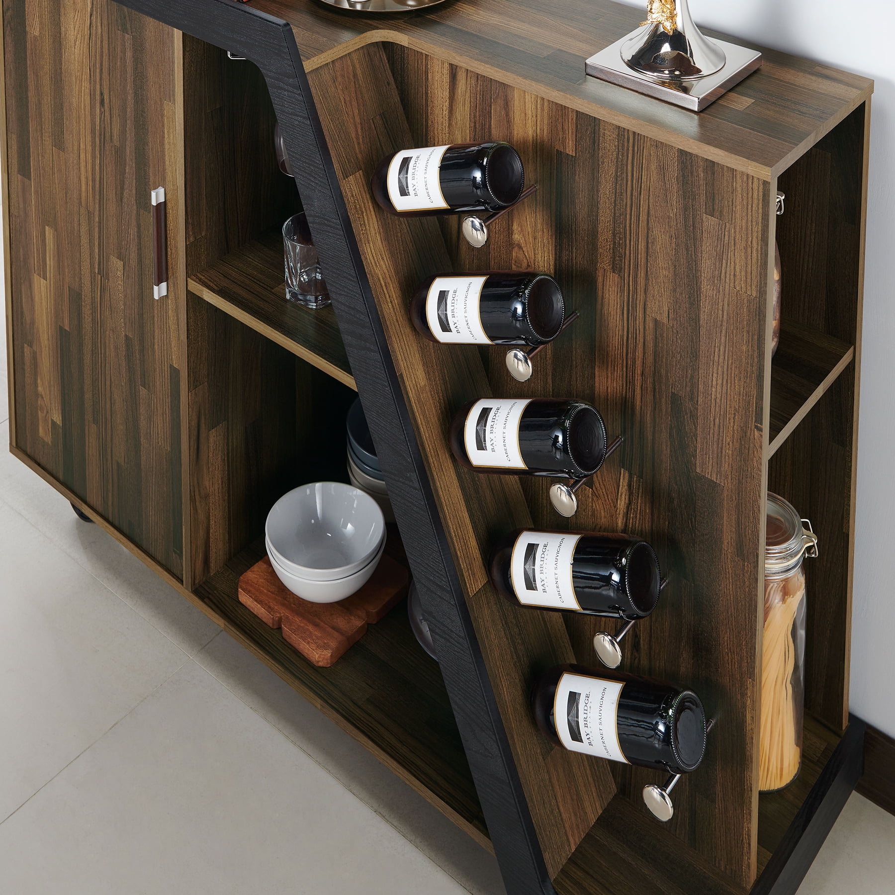 24/7 Shop At Home Levi Wood Mobile Bar Buffet, Light Hickory