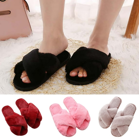 SPRING PARK Women's Faux Fur Comfy Lightweight Open Toe Indoor Outdoor House Slippers