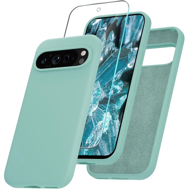 KOMI for Google Pixel 9/9 Pro Case, Silicone Phone Case with 1 Screen Protector, Soft Anti-Scratch Microfiber Lining, Full Body Shockproof Slim Cover Support Wireless Charging, Light Green