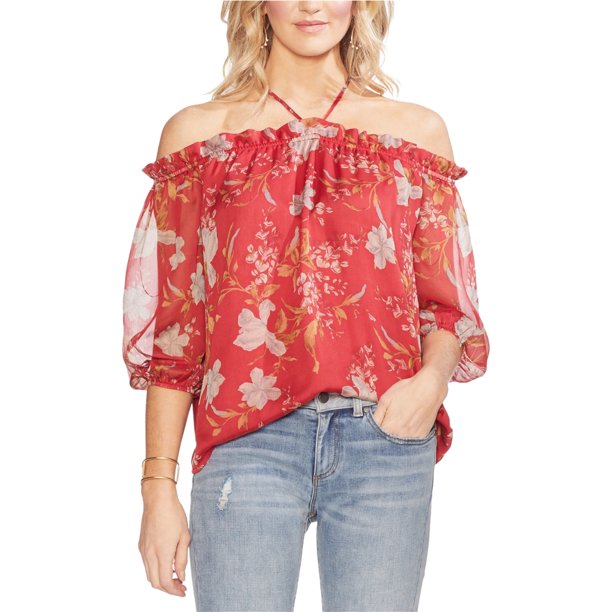 Vince Camuto Blusa con hombros descubiertos y flores silvestres para mujer, rojo, pequeña Vince Camuto fuera del hombro