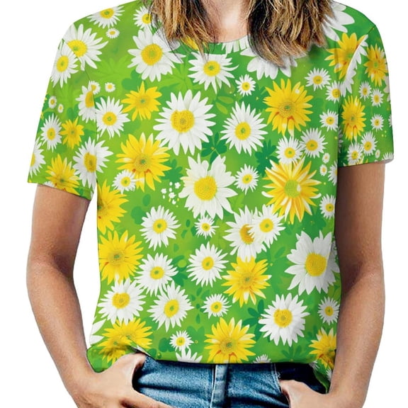 Floral Colorful Flower Women's Short Sleeve T-Shirt Crew Neck Casual Summer Trendy Loose Fit Tops