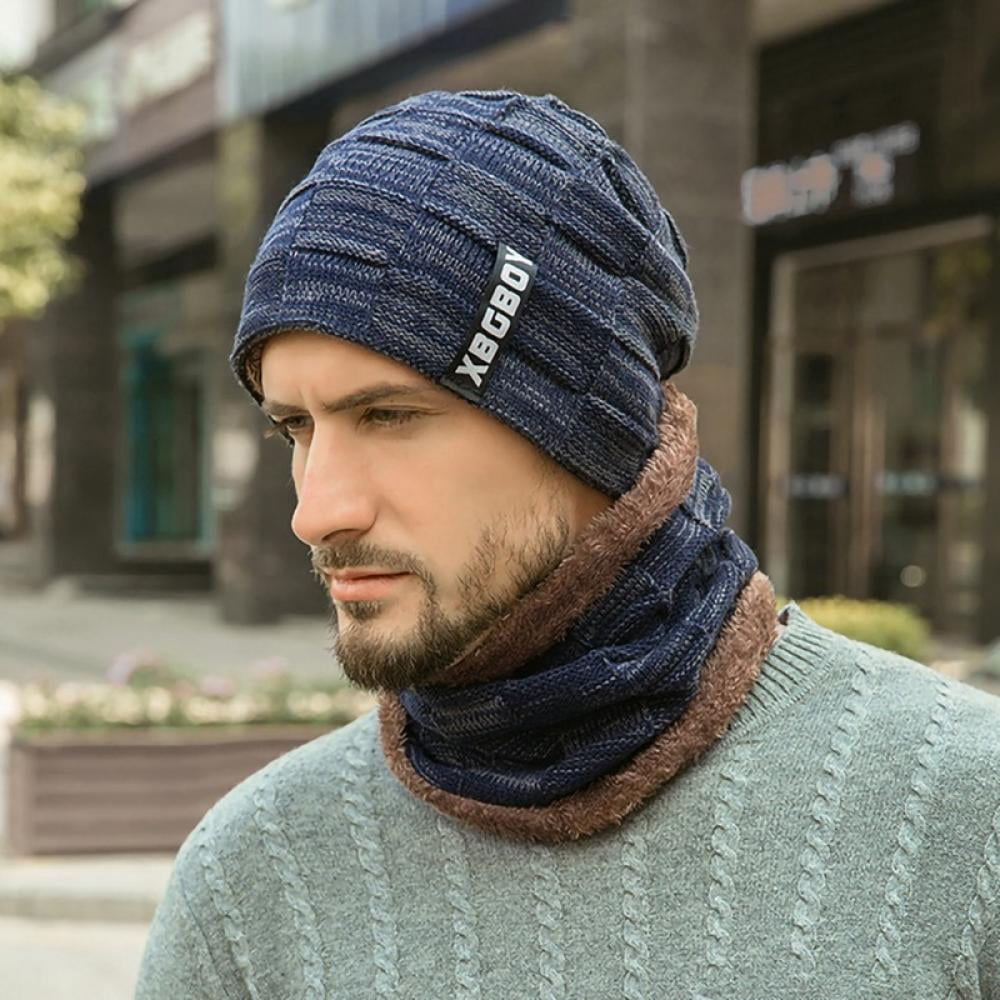 Men Winter Hat, and Scarf Set, 2Pcs Warm Knit Beanie Cap and Scarf - Men  Autumn Winter Fluffy Knitted Cap 