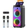 FanFun Karaoke Machine with 2 Wireless Microphones for Adults, Portable Bluetooth Speaker with Wheels and Disco Lights, Big Subwoofer PA System, Party Karaoke Speaker Support TWS/USB/TF Card/AUX/REC