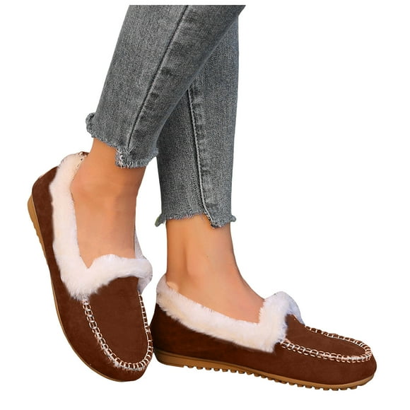 Dakaela Womens Moccasins Suede Winter Warm Snow Boots Fleece Lined Slip on Loafers Indoor Outdoor Walking Slippers Shoes Brown 8.5