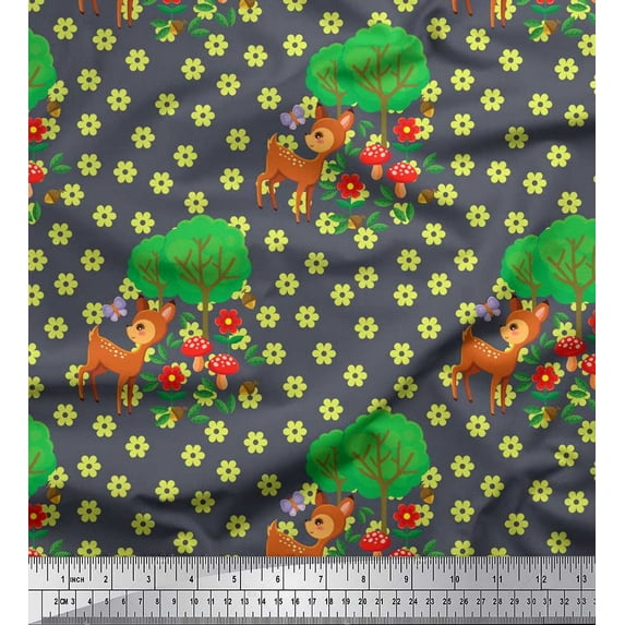Soimoi Velvet Fabric Floral,Tree & Deer Kids Printed Fabric 1 Yard 58 Inch Wide