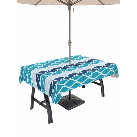 Outdoor Tablecloth with Umbrella Hole for Patio/Picnic/Party/Camping, Ombre Teal Blue Waterproof Table Cloth Rectangle Table Cover Washable, Modern Abstract Waves Morocco Striped (52"x 70")