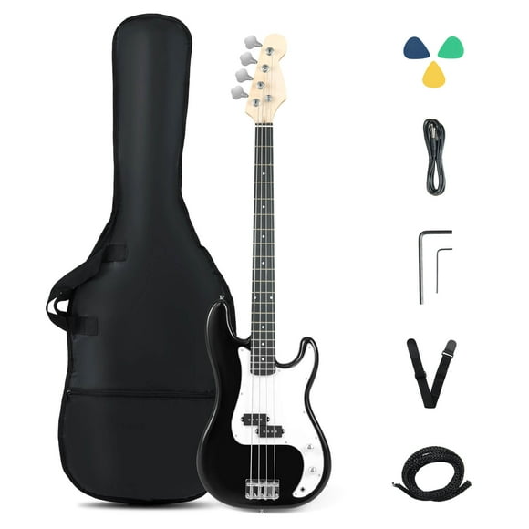 Costway 45.5" Electric Bass Guitar with Double Pickups, Open-gear Tuning, Gig Bag, Rope Black + White