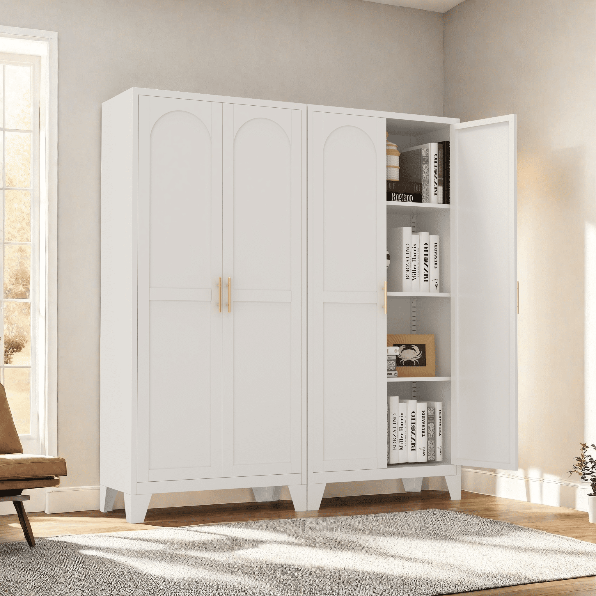 Miniyam 61"H Metal Storage Cabinet with 2 Shaped Doors & Adjustable Shelves – White, for Bedroom/Living Room