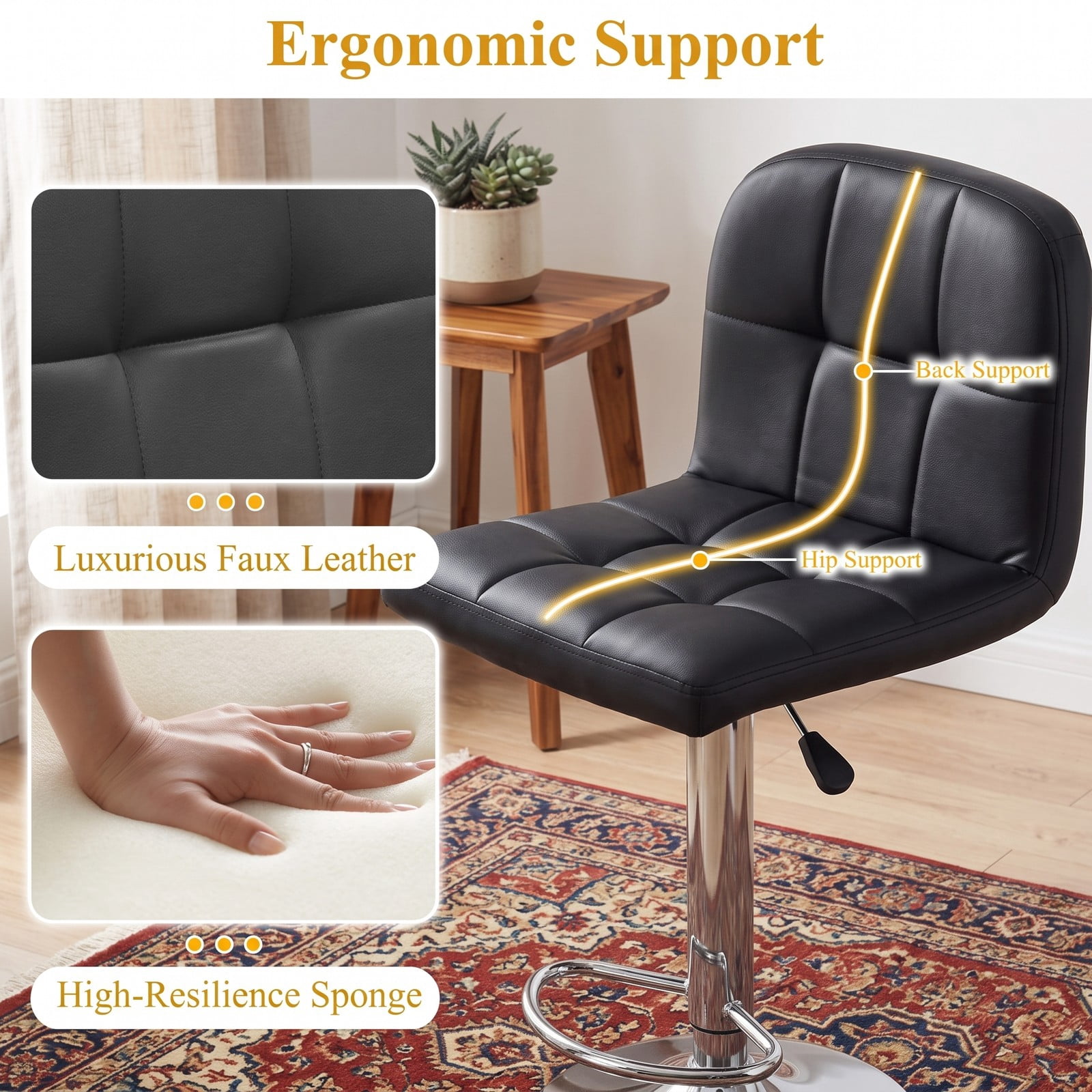 Furnibear Swivel Bar Stools Set of 2, 24-32 Inch Adjustable Height Counter Barstools with Footrest and Backrest, 360 Degree Swivel Faux Leather Cushioned, Black