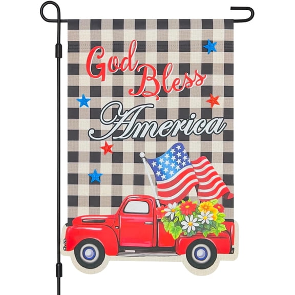 God Bless America Patriotic Red Truck Memorial Garden Flag 12 x 18 Inch Double Sided Polyester Outdoor Decor