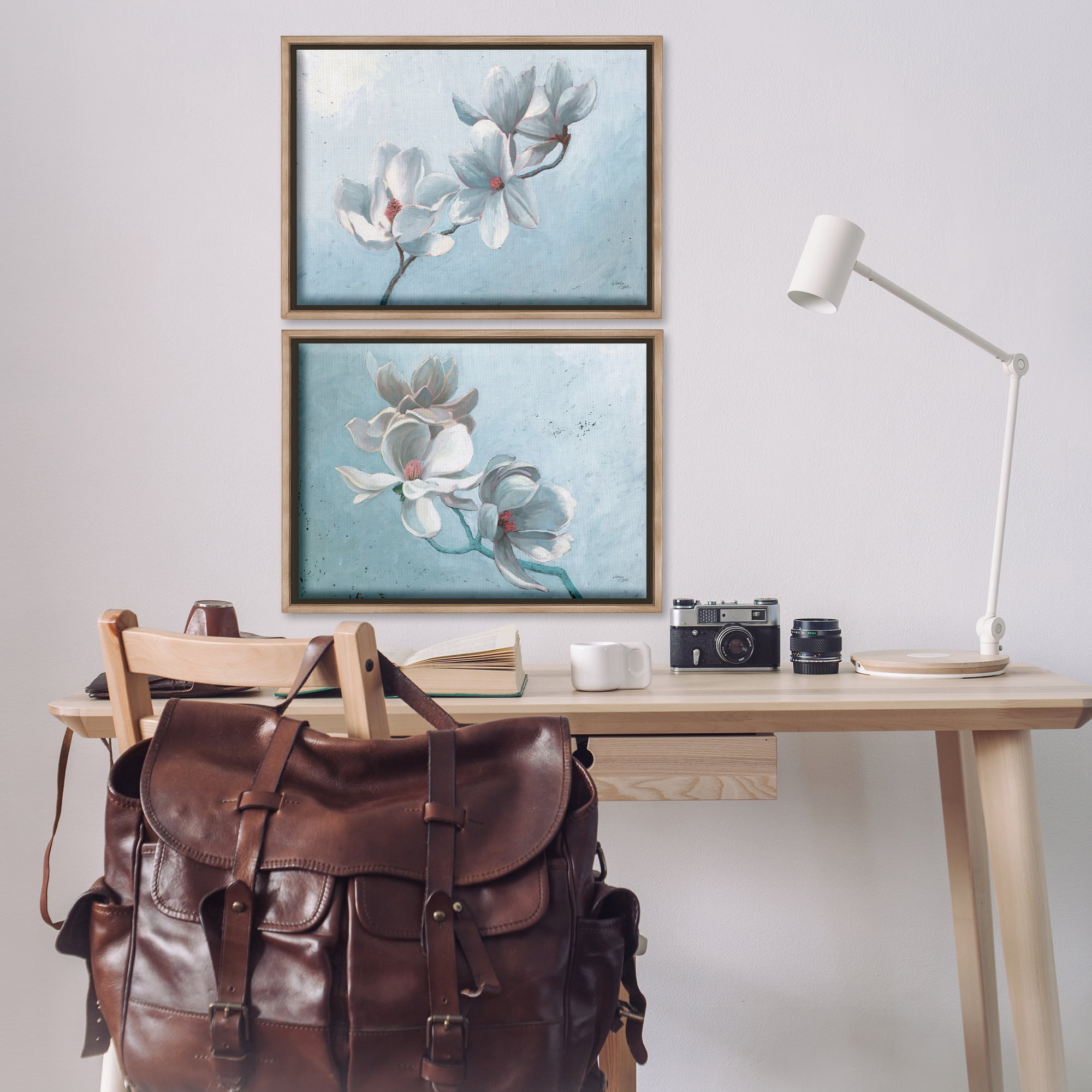 Stupell Industries Single Magnolia Branch Blossoms Plants & Flowers Painting Brown Floater Framed Canvas Art Print Wall Art, 25 x 17, Set of 2