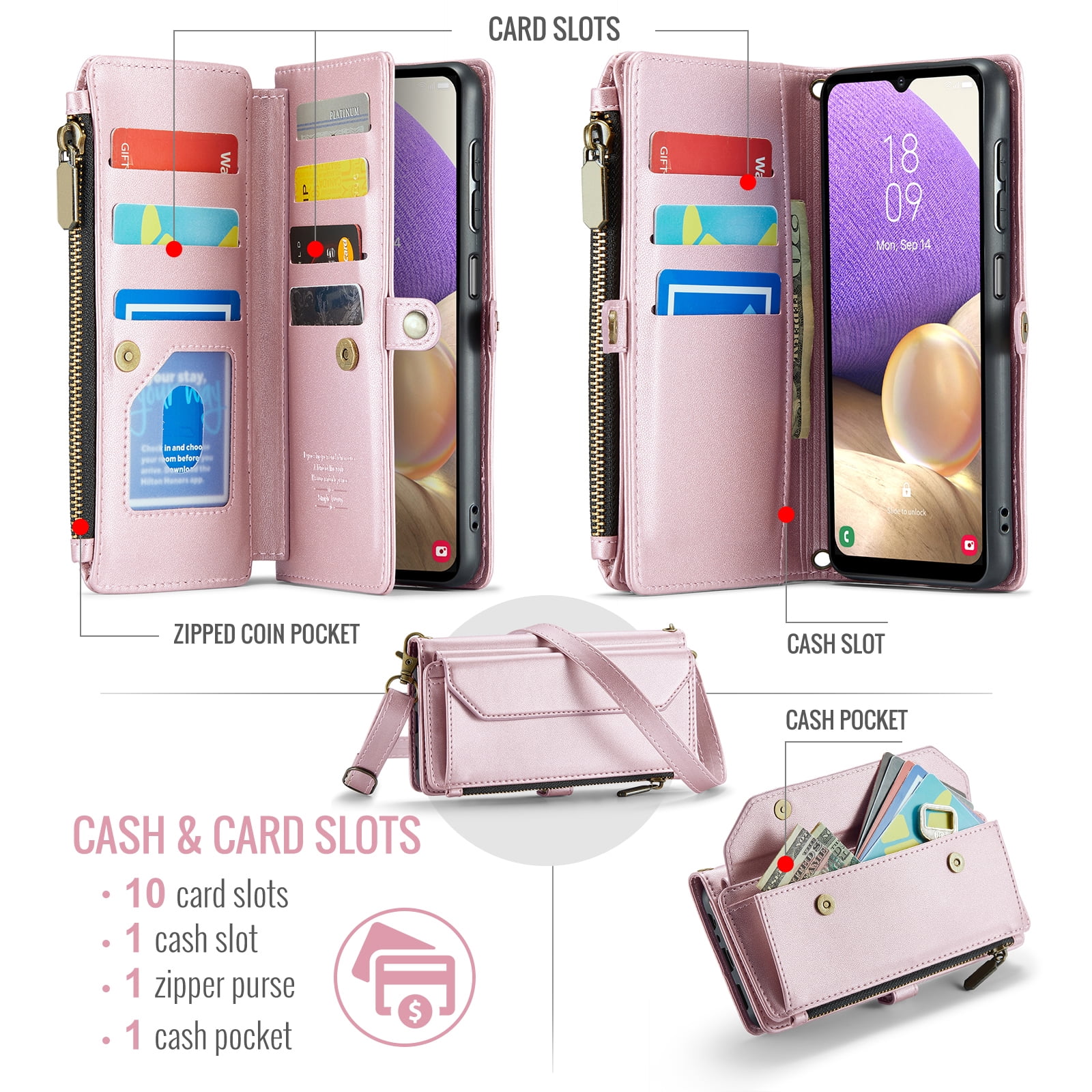 Compatible with Samsung Galaxy A32 5G 2021 6.5 inch Zipper Wallet Phone Case Tempered Glass Screen Protector Crossbody Lanyard Strap Flip Card Holder Slot Cell Cover for M32 A 32 32A Women Rose Gold