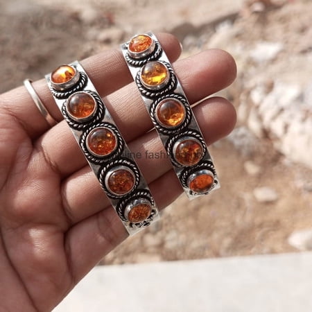 Amber Gemstone 925 Sterling Silver Plated HandmadeBangle 10 pcs