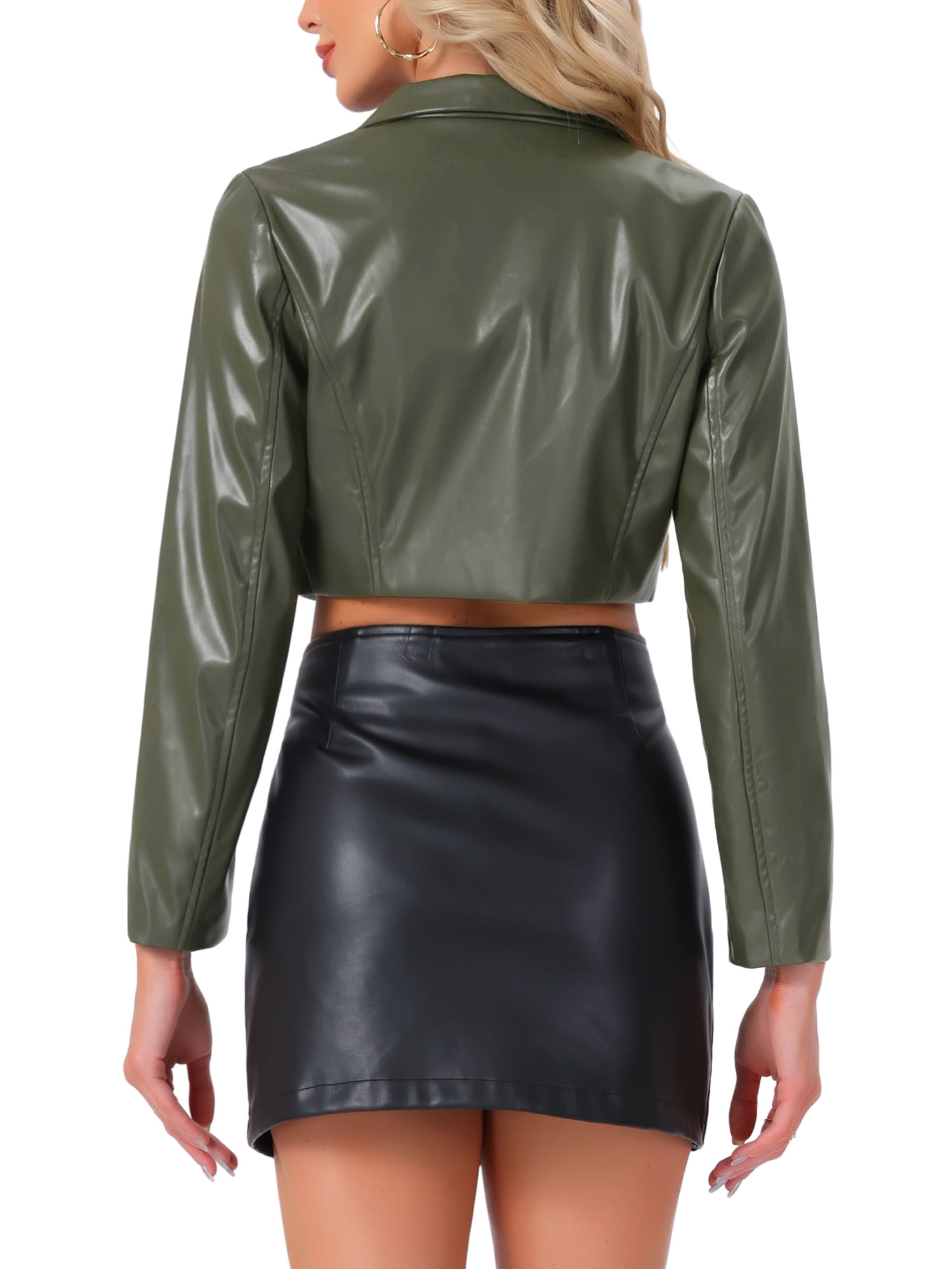 INSPIRE CHIC Faux Leather Cropped Blazer for Women's Notched Lapel Collar Single Breasted Moto PU Jackets L Army Green