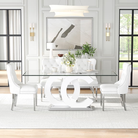 5-Piece 70" Glass Dining Table Set, Tempered Glass Top with OC Shape Frame & Stainless Steel Base, 4 Velvet Chairs with Stainless Steel Legs