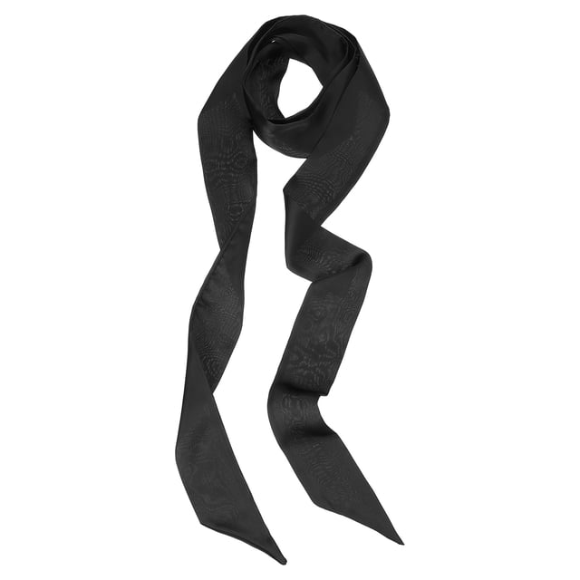 bufanda de cinta elegante uxcell, bufanda delgada de color sólido, pañuelo largo de seda negra — seda negra de 192 cm x 5 cm en vista frontal con lazo superior y tiras colgantes; superficie lisa con brillo sutil y bordes cosidos; adecuada para usar como bufanda, cinturón, diadema o decoración de bolso.