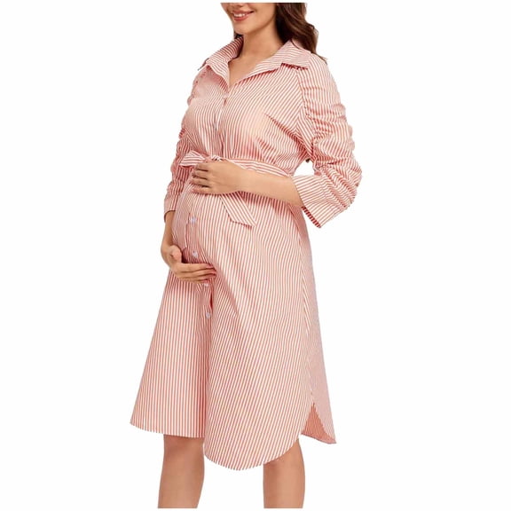 QSAWXQZ Women's Maternity Dress Striped 3/4 Sleeve Button Up Tie Waist Pregnancy Wear Casual Work Office Business Formal Collared Shirt Dresses XL